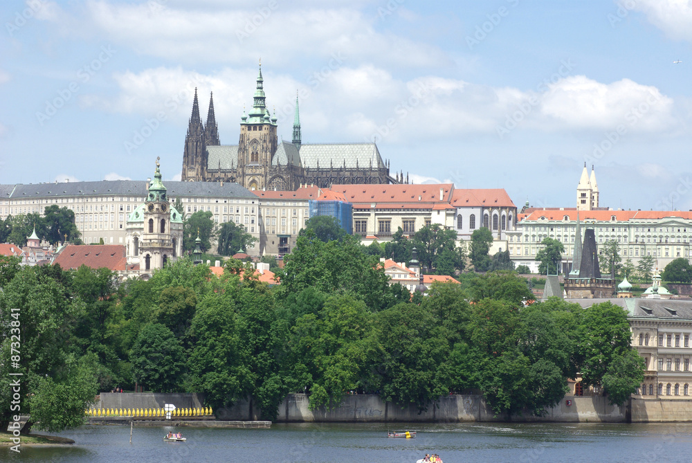 View of colorful old town and Prague castle with river Vltava, Czech Republic