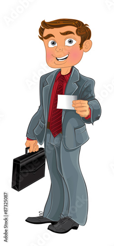 Businessman in grey suit with white business card