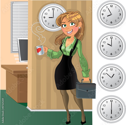 businesswuman with cup in morning office and clock