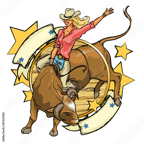 Rodeo Cowgirl riding a bull, label design with space for text