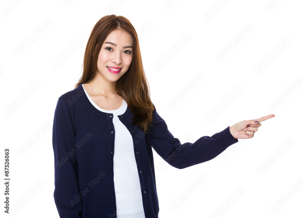 Woman with finger point aside Woman with finger point aside