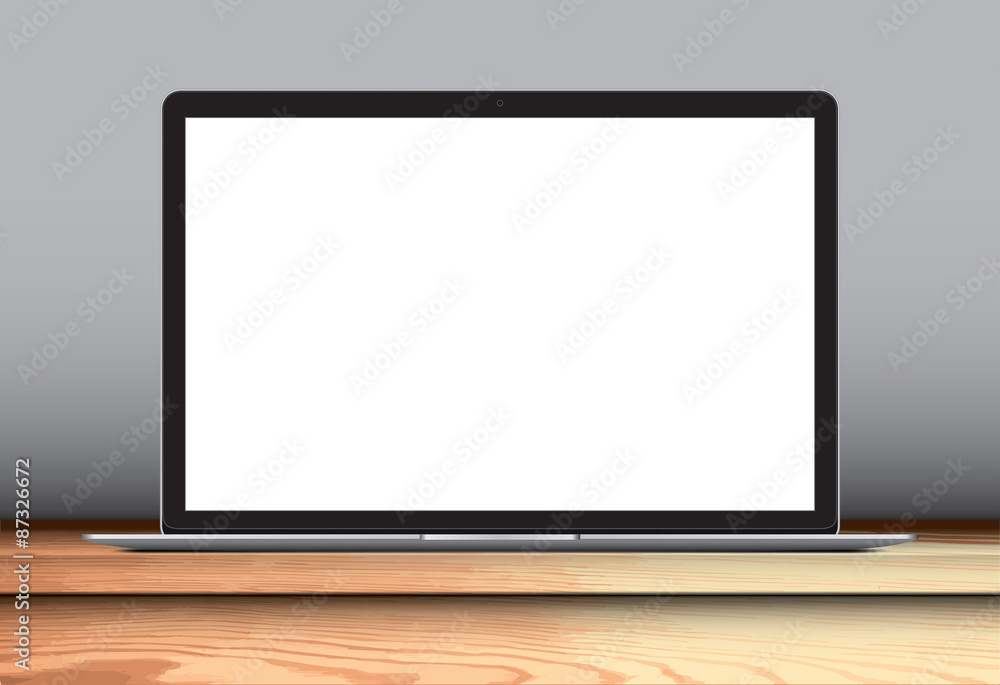 Laptop with blank screen on table in living room - realistic vector illustration Laptop with blank screen on table in living room - realistic vector illustration