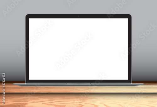 Laptop with blank screen on table in living room - realistic vector illustration