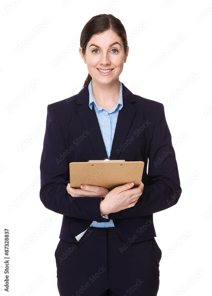 Caucasian businesswoman hold with file board Caucasian businesswoman hold with file board