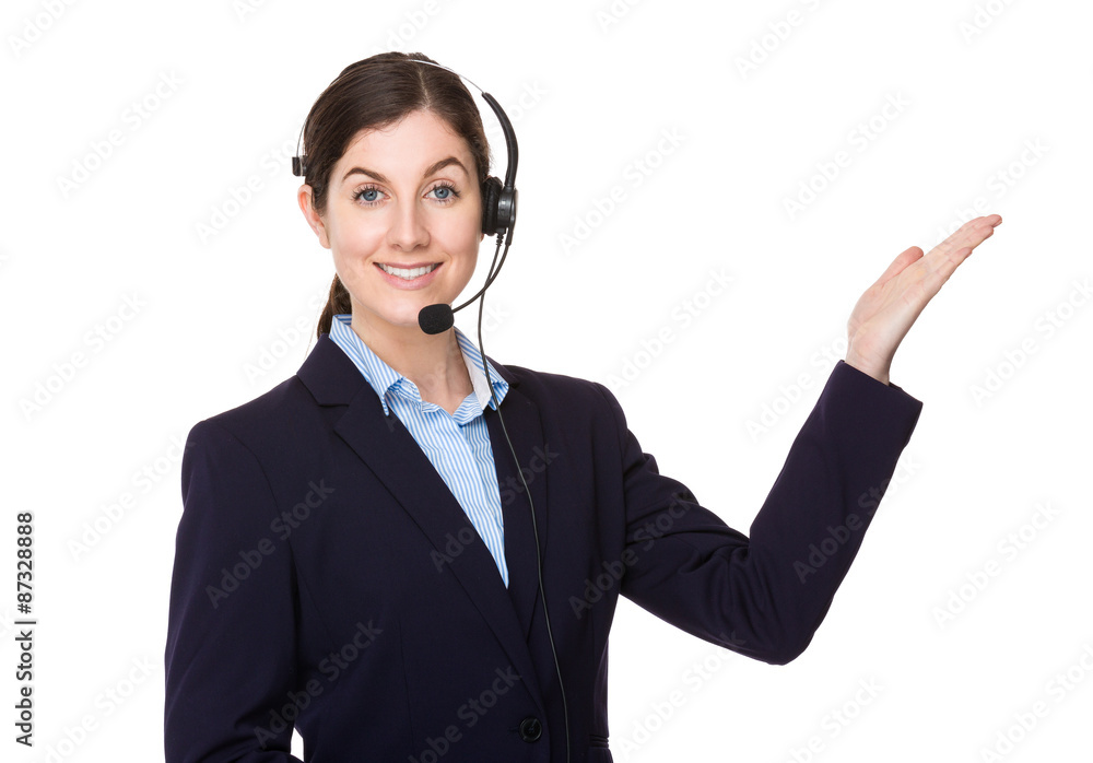 Customer services representative with open hand palm Customer services representative with open hand palm