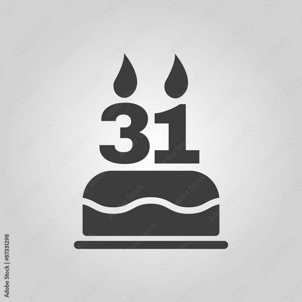 The birthday cake with candles in the form of number 31 icon. Birthday symbol. Flat The birthday cake with candles in the form of number 31 icon. Birthday symbol. Flat