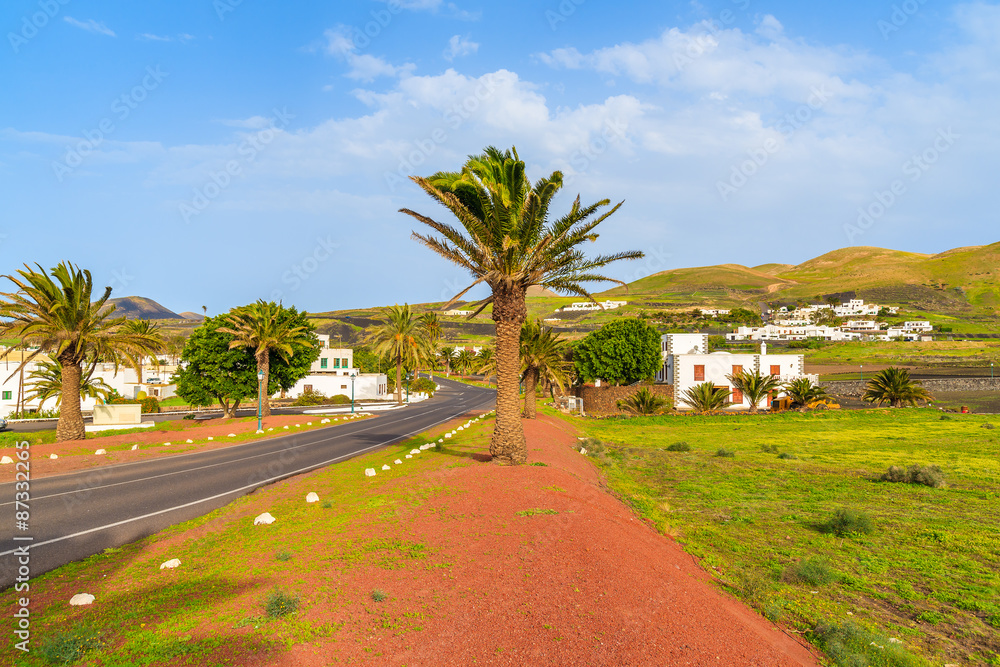 Road to Uga village in tropical landscape of Lanzarote island, Spain