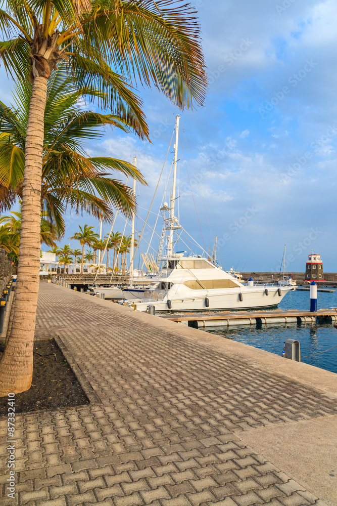 public promenade in Puerto Calero port built in Caribbean style, Lanzarote, Canary Islands, Spain