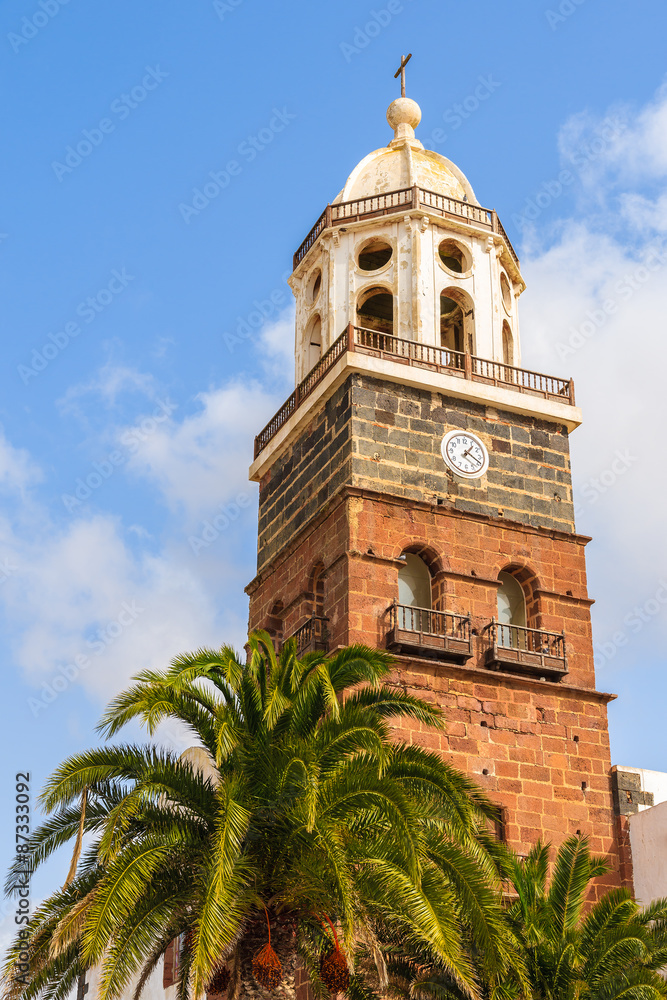 Tower of famous church Nuestra Senora de Guadalupe in Teguise town, Lanzarote island, Canary Islands, Spain