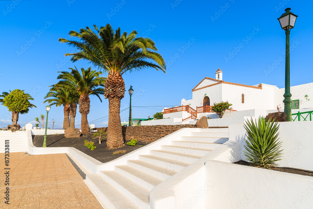 White steps to typical Canarian church in Las Brenas village, Lanzarote, Canary Islands, Spain