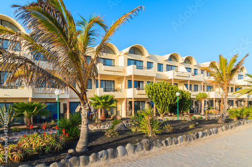 Hotel building along coastal promenade in Playa Blanca village, Lanzarote, Canary Islands, Spain