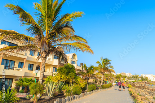Palm trees and hotel buildings along coastal promenade in Playa Blanca village, Lanzarote, Canary Islands, Spain © pkazmierczak