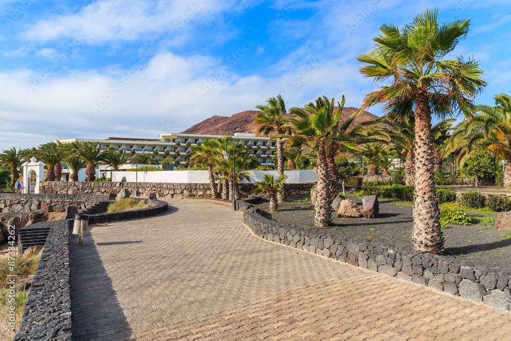 Coastal promenade with palm trees in Playa Blanca village, Lanzarote, Canary Islands, Spain