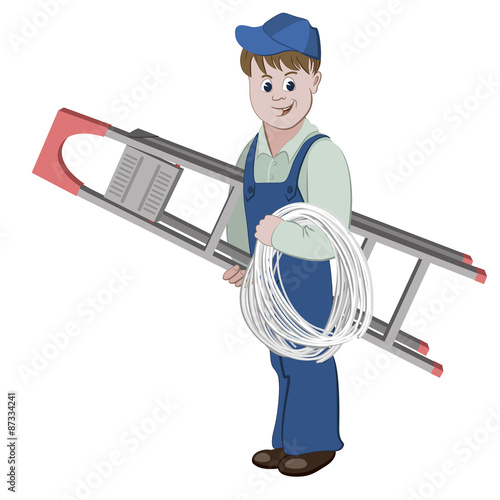 Illustration of electrician or cable guy standing with a ladder and a cable