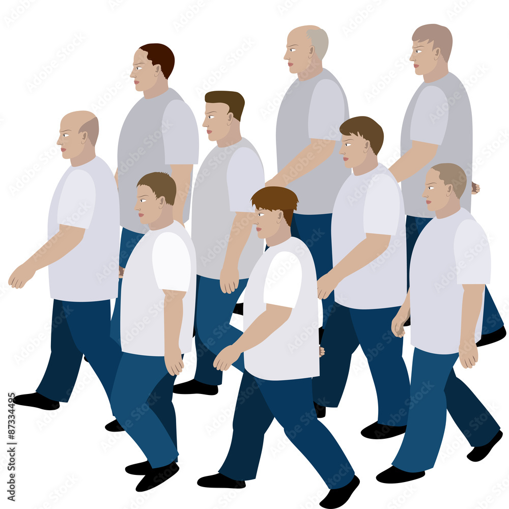 Fototapeta premium Crowd of men moving in jeans and T-shirt to the common direction