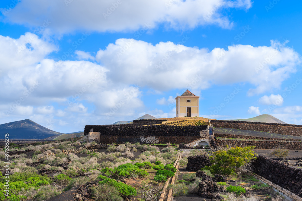 Building in vineyard landscape of Yaiza region, Lanzarote, Canary Islands, Spain