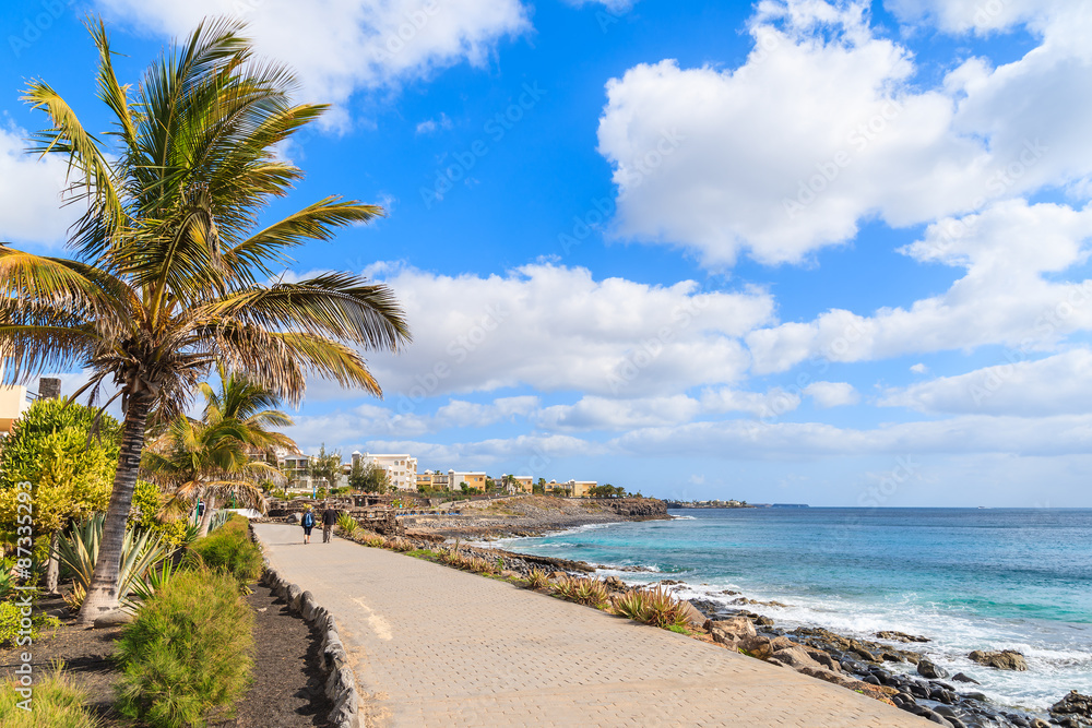 Palm tree and promenade along ocean in Playa Blanca holiday resort town, Lanzarote island, Spain