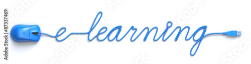Blue mouse and cable in the shape of e-learning word