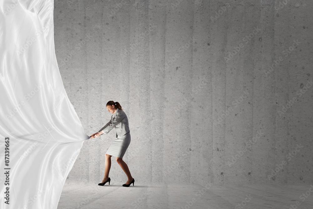 Businesswoman pull fabric banner Businesswoman pull fabric banner