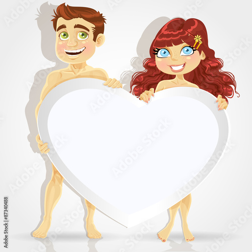 Cute naked man and woman holding a poster in the shape of a hear