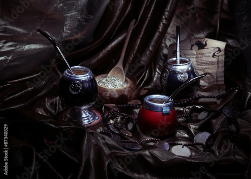 Yerba mate and calabashes (artistic still life) photo