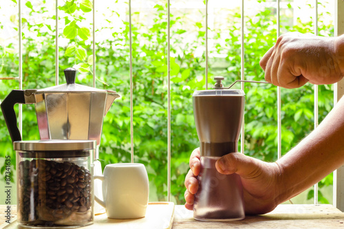 Making coffee at home.