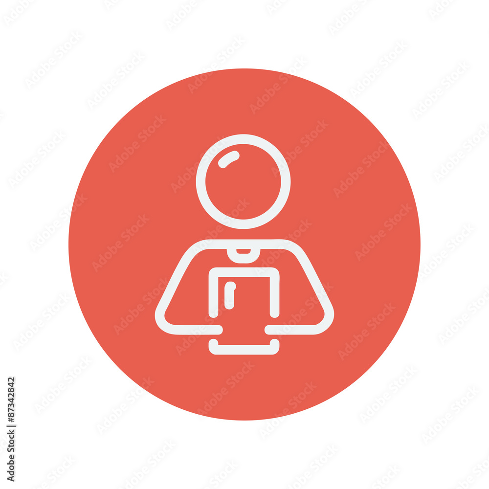 Man holding touch screen tablet thin line icon