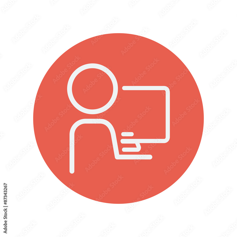 Man working in computer thin line icon Man working in computer thin line icon