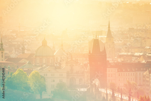Photography Prague Cityscape on Misty Morning, Retro Toned
