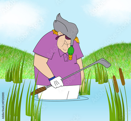 Canvas-taulu Funny Golfer in a Water Hazard With a Duck on His Head