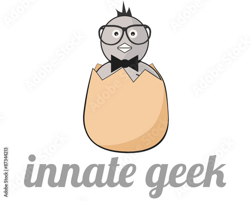 Innate geek logo design illustration. Bird with glasses and bow tie is looking from broken egg. Nerd logotype.