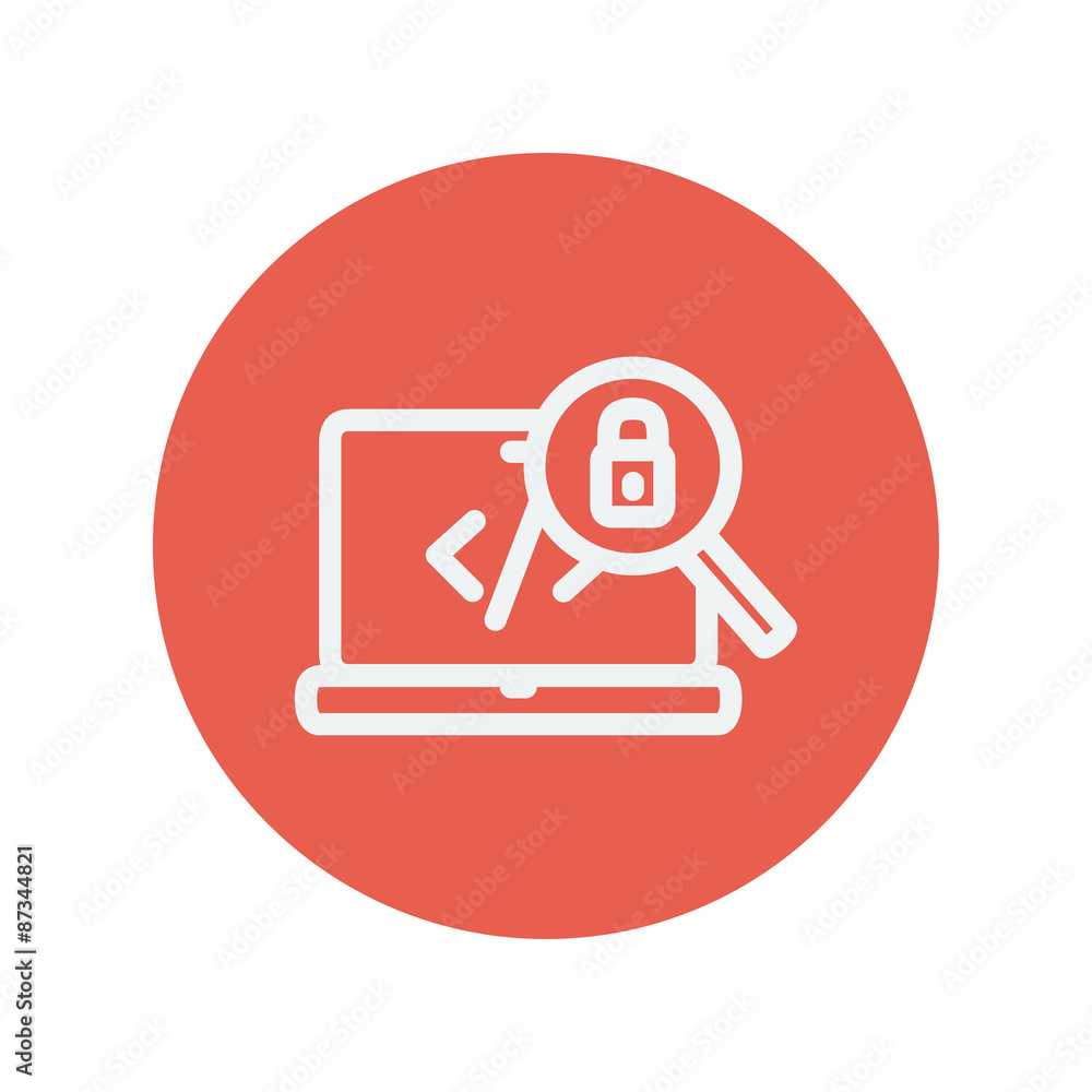 Laptop and magnifying glass looking for security lock thin line Laptop and magnifying glass looking for security lock thin line