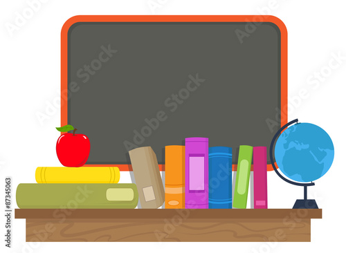 Books and Chalkboard - Cartoon books, apple and a glove are standing on a wooden shelf in front of a blank chalkboard. Eps10