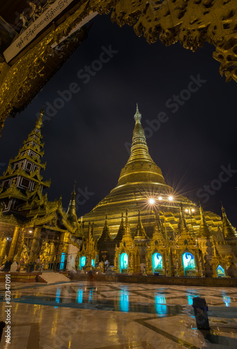 Shwedagon golden pagoda at night  Yangon Myanmar
