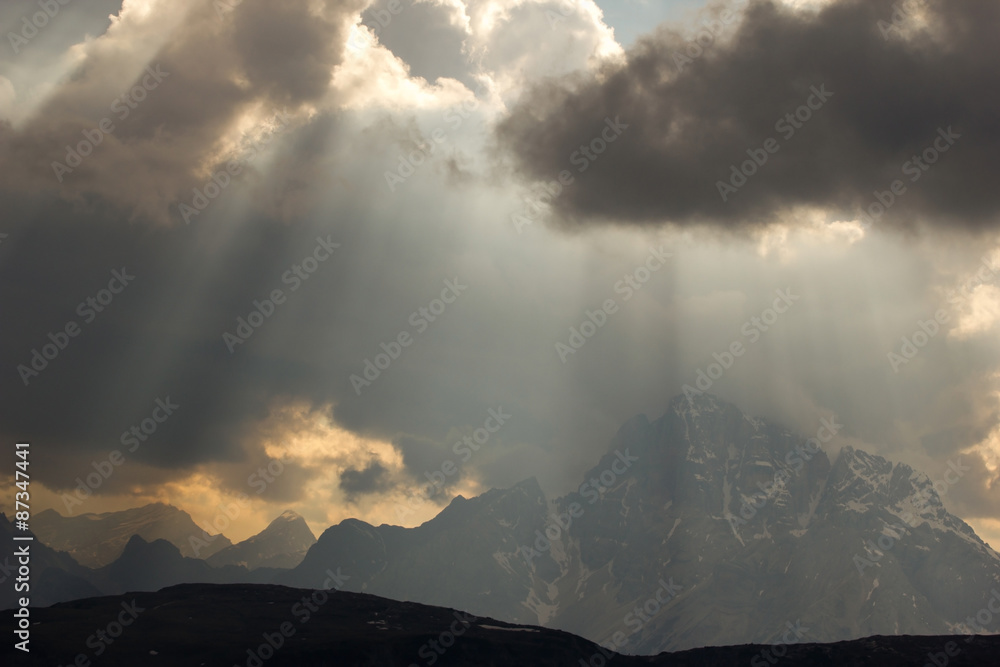 Dark clouds and sun rays, Dolomites, South Tyrol, Italy