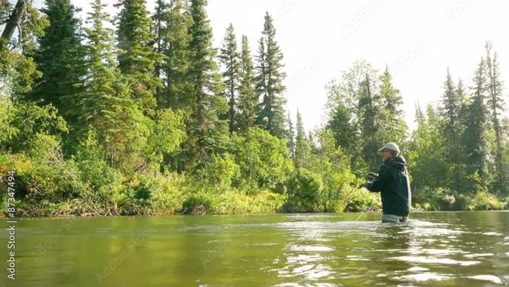 Man Reeling in a Fish from a River Man Reeling in a Fish from a River