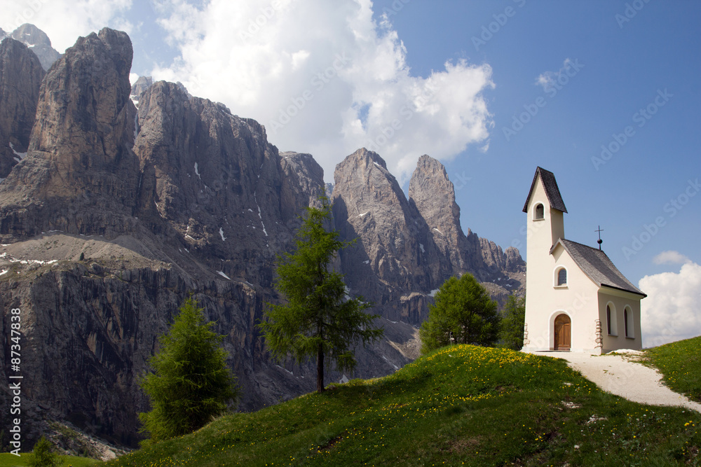 Chapel with mountain view in the background, Passo Gardena, Dolomite Mountains, Italy