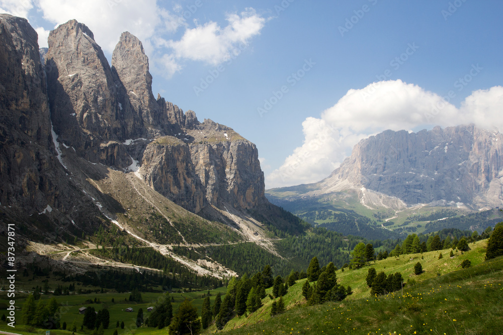 The Sassolungo massif seen from Sella pass, Dolomite Alps, Italy