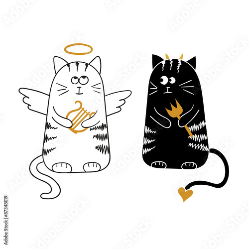 Cute cartoon cats, angel and devil. Vector illustration.