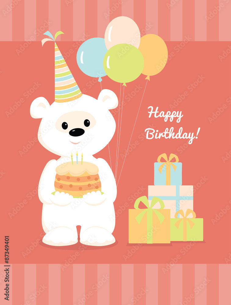 Fototapeta premium Vector illustration of a cute cartoon white teddy bear with birthday hat, cake and balloons standing near a pile of presents and smiling. Greeting card Happy Birthday in pastel colors.