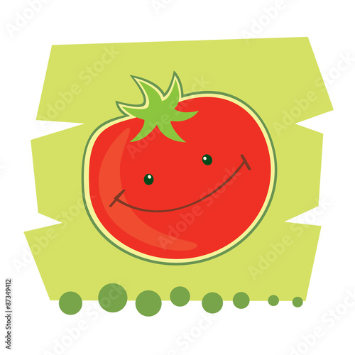 Vector illustration of funny cartoon tomato on a green background. photo