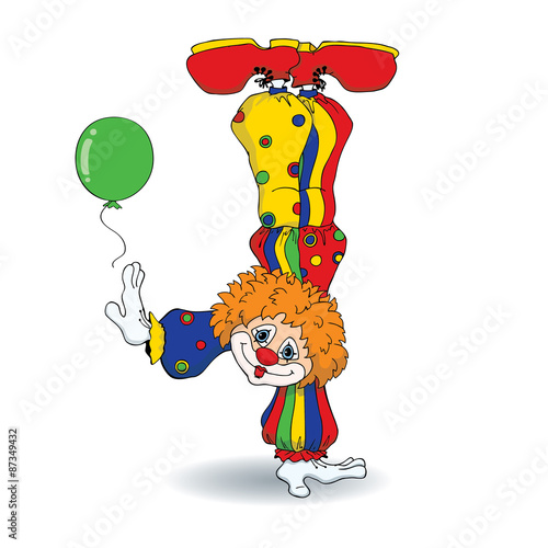 Vector illustration of cute cartoon redhead clown standing on his hand. Isolated on a white background.
