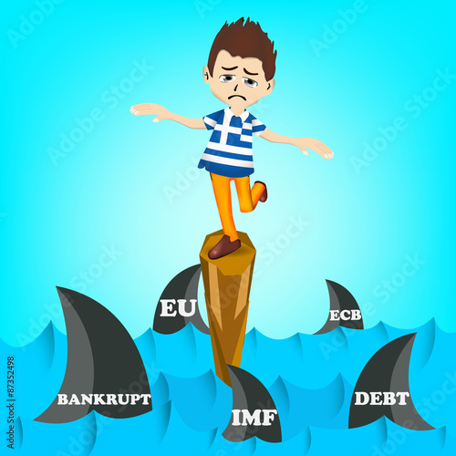 Greece man character on standing on cliff in risk of economy cri