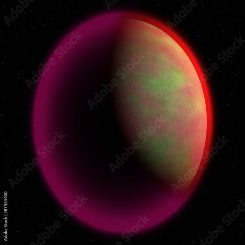 Fototapeta Naklejka Na Ścianę i Meble -  Abstract planet with silver pink shinning atmosphere somewhere in dark space