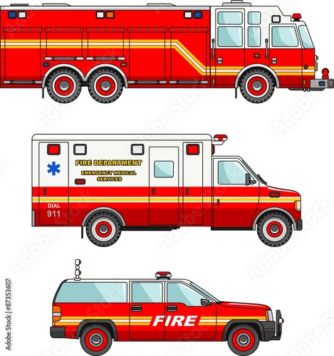 Fire truck and cars isolated on white background in flat style