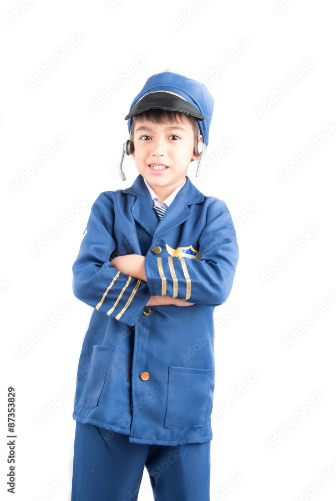 Little boy pretend as a pilot on white background