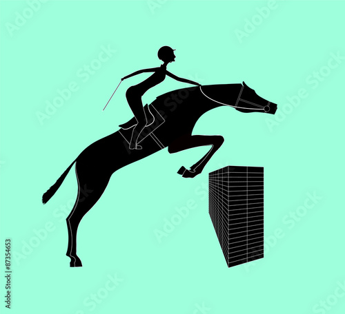 Jumps on a horse with obstacles