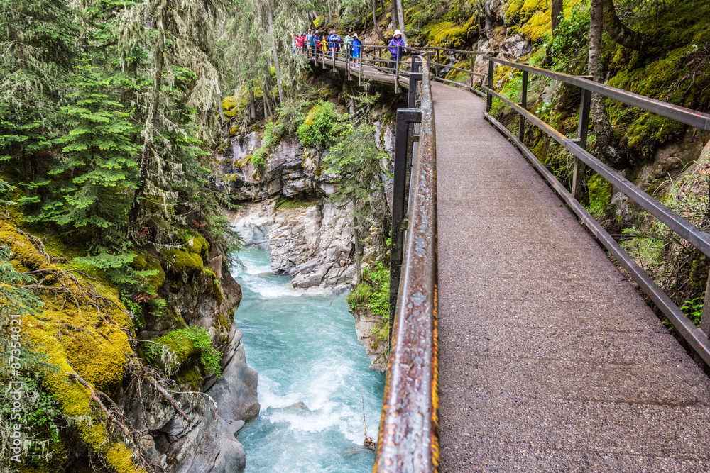 People walking the Johnston Canyon catwalk trail People walking the Johnston Canyon catwalk trail