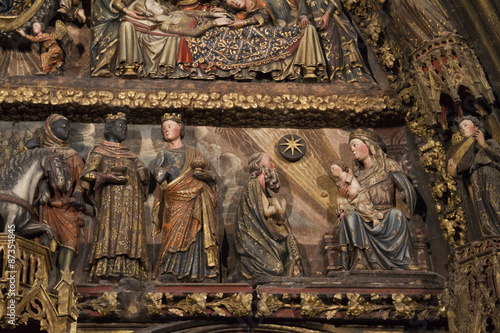 Detail of the wood carved polychrome portal from the 14th century in the Church of Santa Maria de los Reyes(Saint Mary of the Kings)Laguardia,Spain