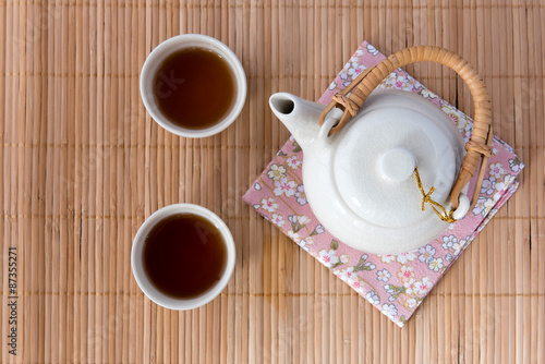 Japanese Tea Set on Bamboo Mat